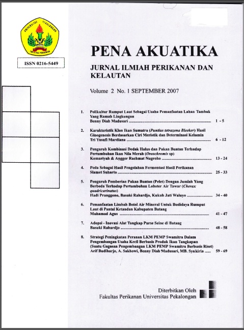 					View Vol. 2 No. 1 (2007): PENA AKUATIKA JURNAL ILMIAH PERIKANAN DAN KELAUTAN
				